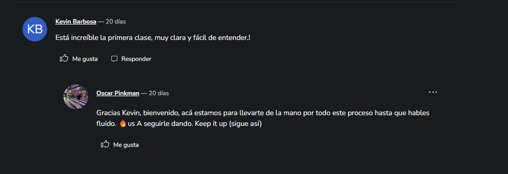 Comentario real de un alumno en una lección del curso