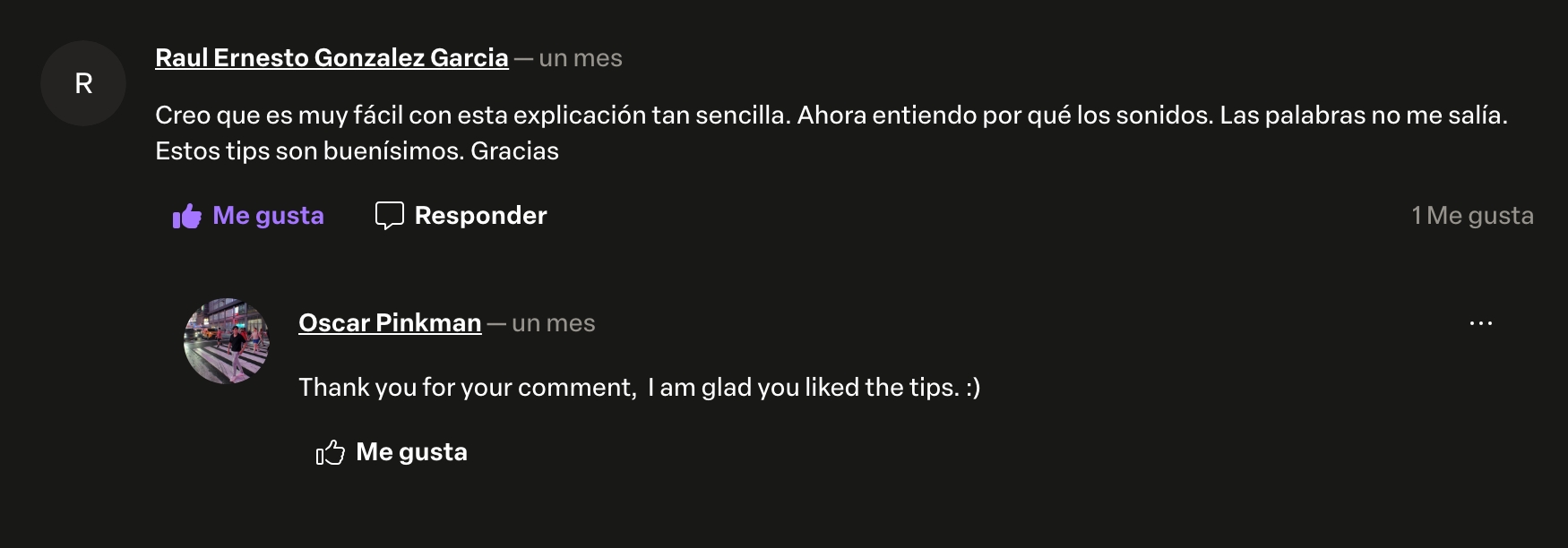 Comentario real de un alumno en una lección del curso