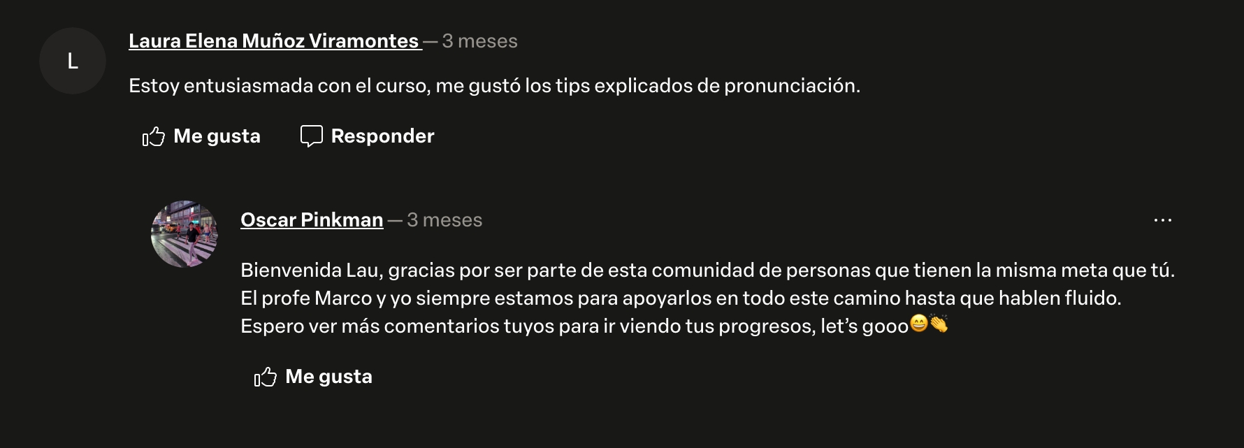 Comentario real de un alumno en una lección del curso