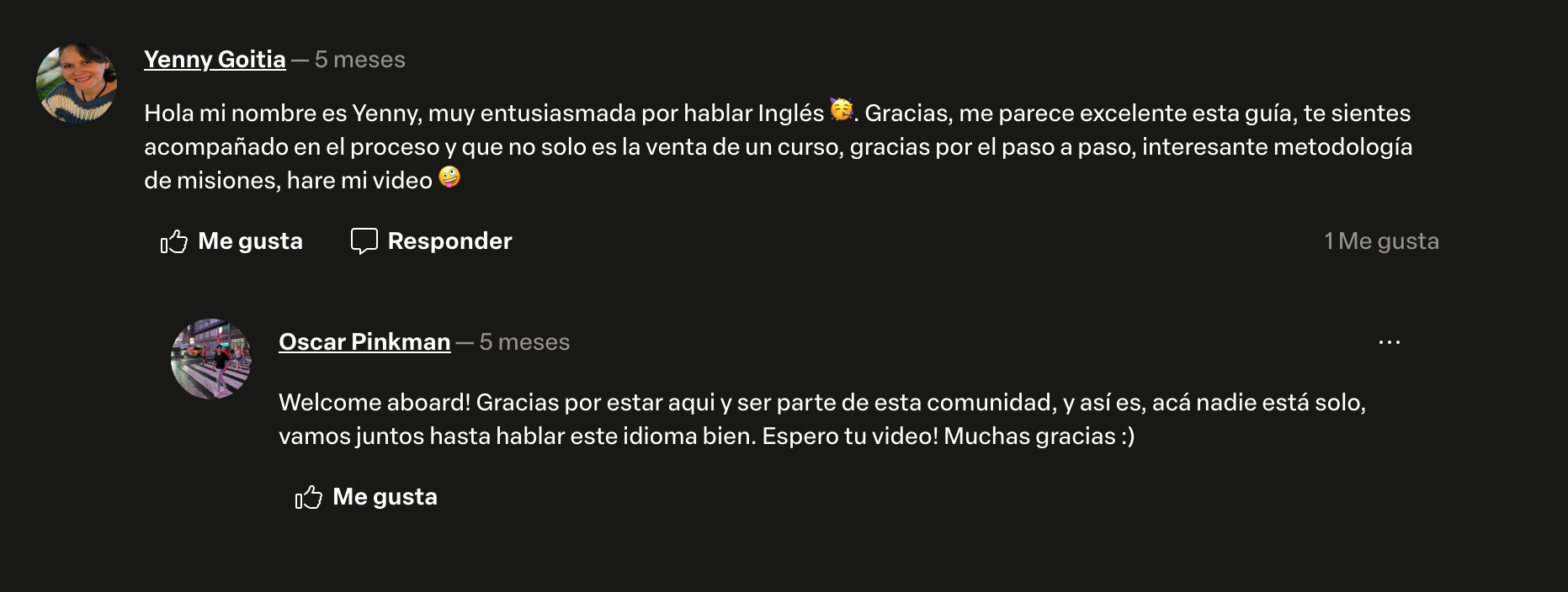Comentario real de un alumno en una lección del curso